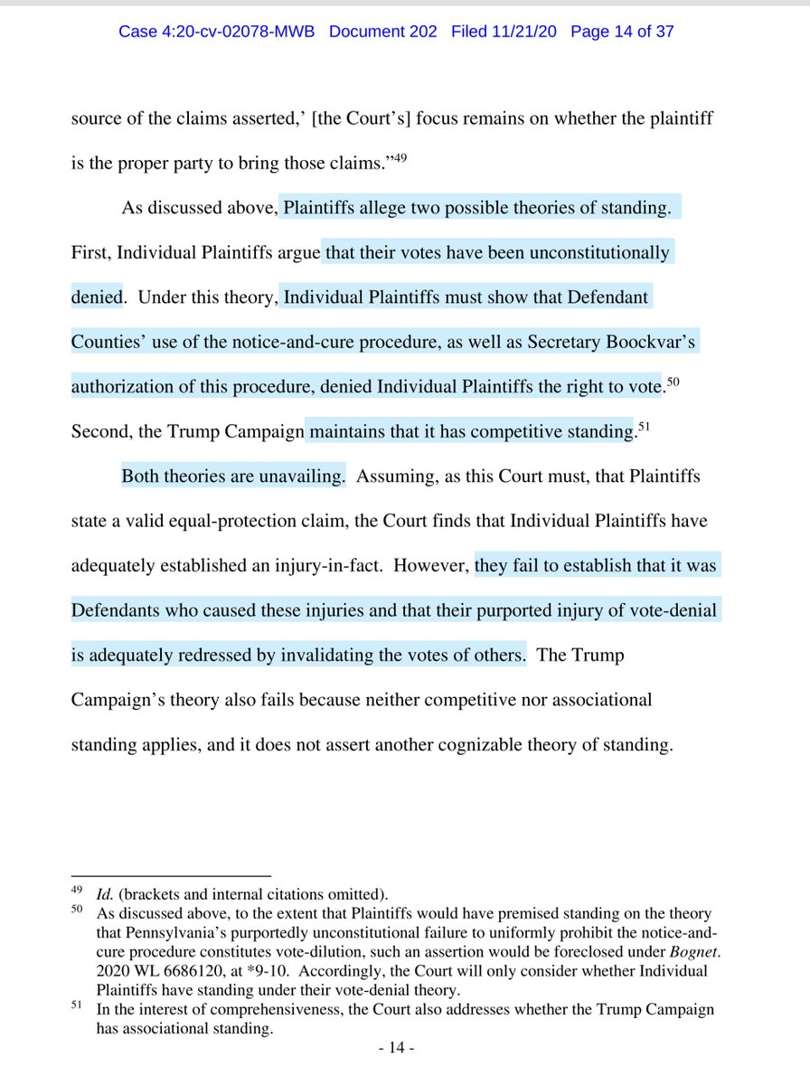 I am DECEASED & tweeting this from the “beyond”the footnotes are SO good“they fail to establish that it was Defendants who caused these injuries and that their purported injury of vote-denial is adequately redressed by invalidating the votes of other...” https://ecf.pamd.uscourts.gov/doc1/15517440657