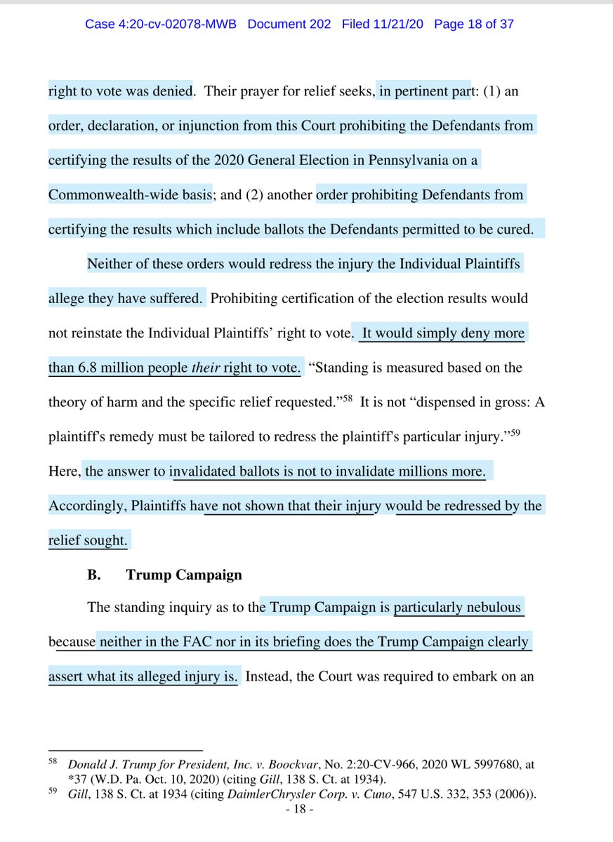 Court found they met the standing threshold BUT failed to link tp Defendant’s actionscausationRedressabilityProhibiting certification of the election results would not reinstate the Individual Plaintiffs’ right to vote-simply deny more > 6.8M people their right to vote