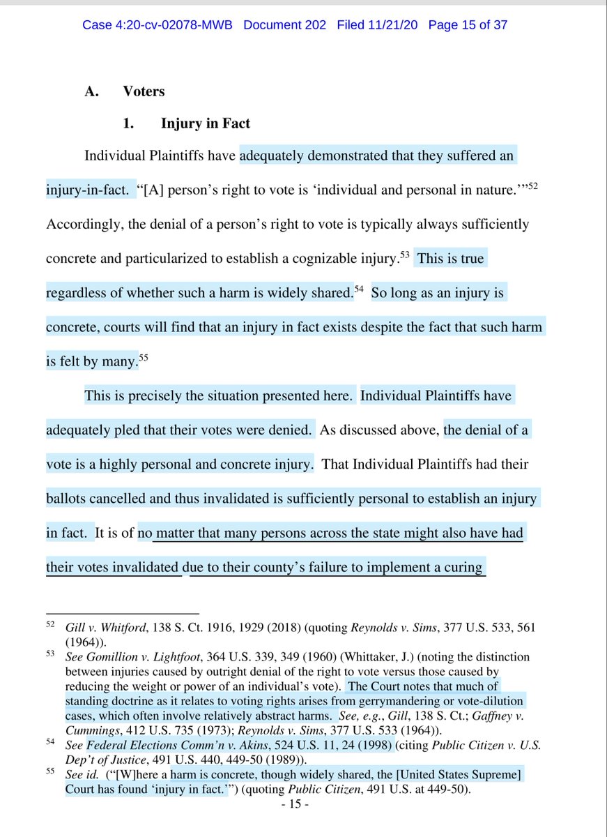 Court found they met the standing threshold BUT failed to link tp Defendant’s actionscausationRedressabilityProhibiting certification of the election results would not reinstate the Individual Plaintiffs’ right to vote-simply deny more > 6.8M people their right to vote