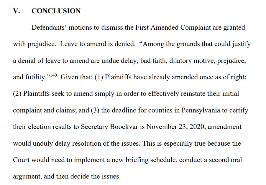 The court dismisses Trump's case with prejudice and denies permission to file an amended complaint to restore some of the arguments his lawyers said they removed from the case by mistake. It would merely "unduly delay resolution of these matters."