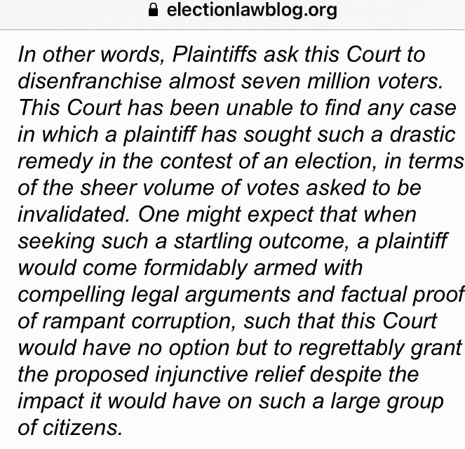 The federal judge in Pennsylvania lost his patience today with Trump’s idiotic suit, in language you rarely see.  @rickhasen calls it “the worst piece of election litigation I have ever seen”  https://electionlawblog.org/?p=118942 