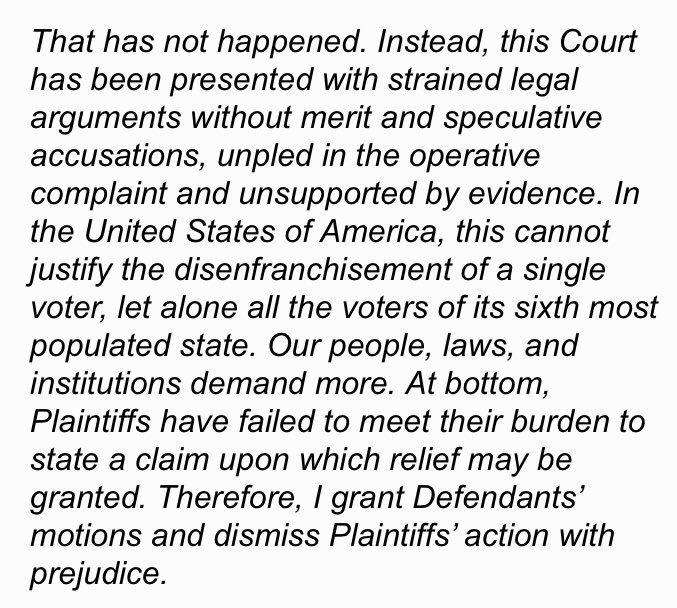 The federal judge in Pennsylvania lost his patience today with Trump’s idiotic suit, in language you rarely see.  @rickhasen calls it “the worst piece of election litigation I have ever seen”  https://electionlawblog.org/?p=118942 