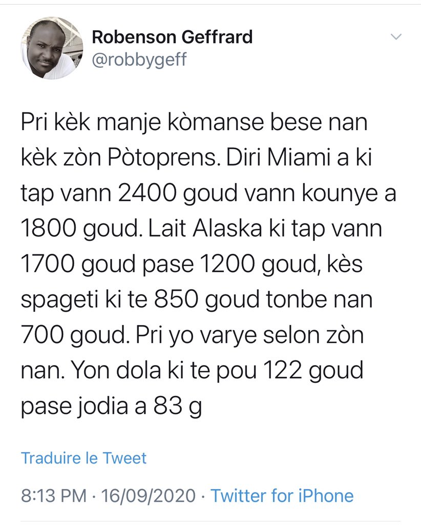 robbygeff's tweet photo. Pri kèk pwodwi rekòmanse monte nan kèk zòn kapital la. Sak diri amekiken kite vann 1 200 goud pase a 1650 goud. Kès lèt kite vann 1000 goud pase 1350g. Spageti soti 500g pase 700 goud. Katon ze a soti 200g pase 350 goud. Savon soti 
325 pase 450 g. Sak Farin kite 1000g pase 1150g https://t.co/mMKkpoxFpf