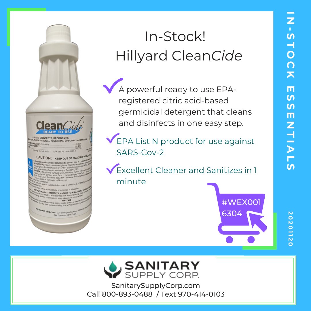 sscinc's tweet photo. In-Stock Essentials - CleanCide germicidal cleaner is ready to use and kills germs in 1 minute. Order online at https://t.co/5bbiucZJvn or stop by and see us Monday through Friday 8am to 5pm at 787 22 Rd, Grand Junction, CO 81504 https://t.co/fIeFoPtOBQ