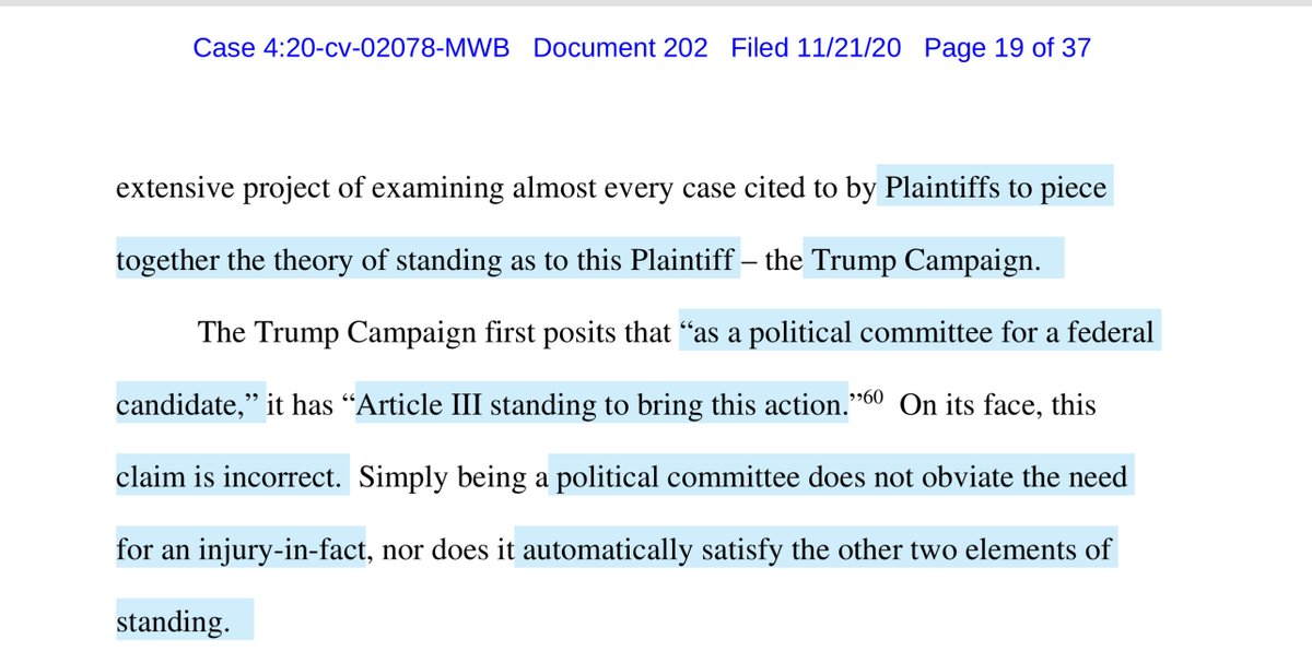 Trump Campaign 1st posits “as a political committee for a federal candidate,” it has “Article III standing to bring this action”OUCHthis claim is incorrect”does not obviate the need for an injury-in-fact, nor does it automatically satisfy the other two elements of standing.“