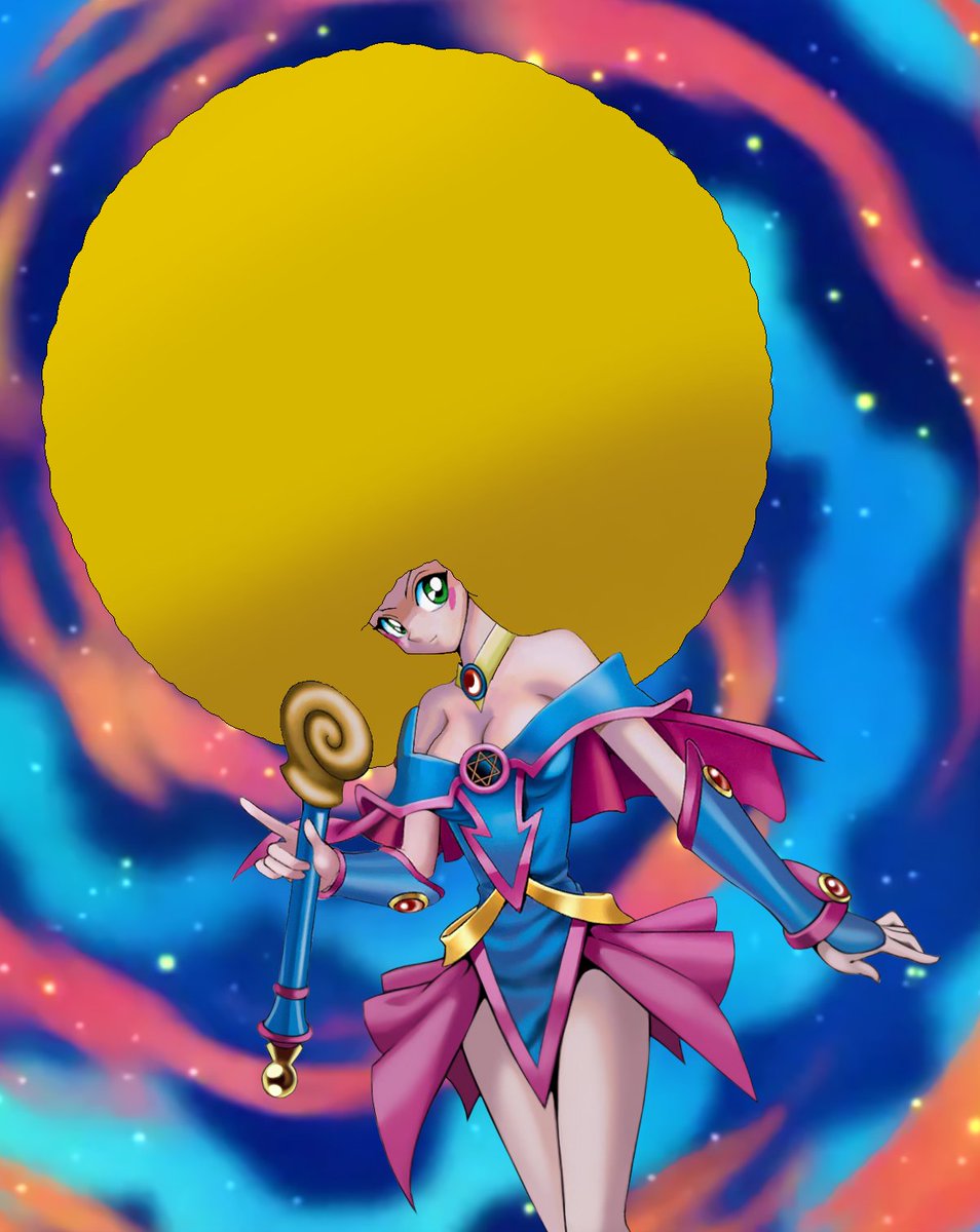 PokeSmashBros1's tweet photo. Here's a request from @AlphaRoyalArt1 featuring the Dark Magician Girl from Yu-Gi-Oh! with a large afro.

#afro #アフロ #yugioh #yugiohtcg #darkmagiciangirl #edit https://t.co/5GhuvG8KFY