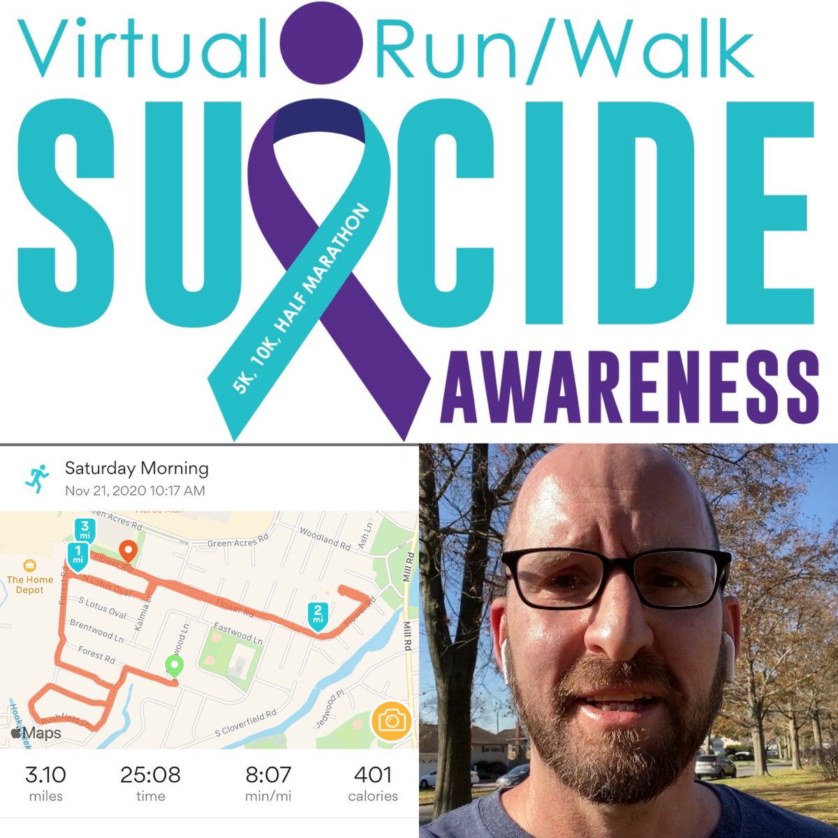Panz21's tweet photo. Virtual 5K today benefiting National Alliance On Mental Illness (@namicommunicate ) Was specifically focused on suicide awareness.
Goes till 11/30. We can help this org help those who need to be heard.
Link 2 register
https://t.co/OIYsCDHgvJ
#runsforapurpose #BreakTheStigma https://t.co/7n9sbeiOiU