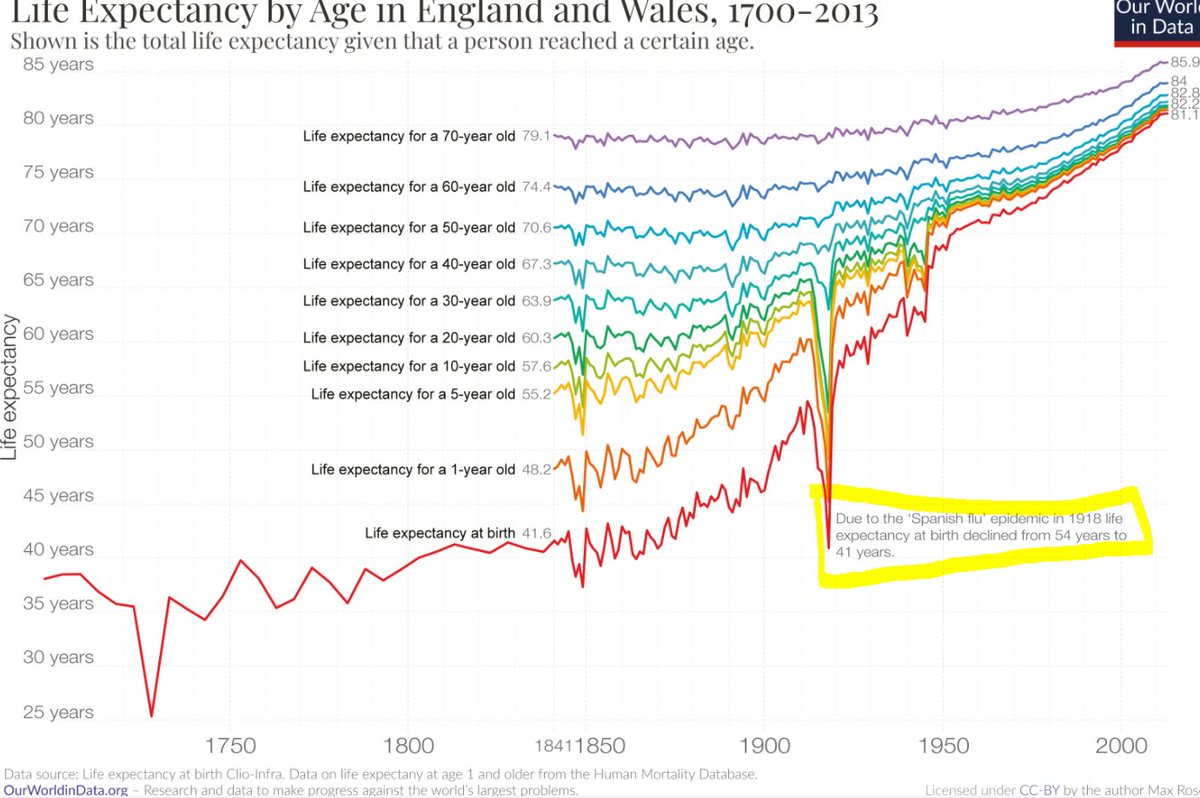 Spanish Flu (mostly) and WW1 in 1918 decreased life expectancy in UK from 54y to 41y #pandemic