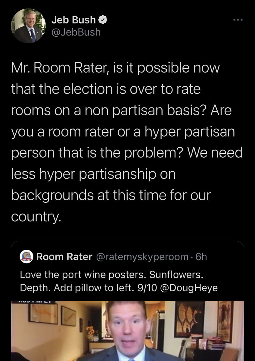 Andrew Solender (@AndrewSolender) on Twitter photo 2020-11-22 05:27:29 Jeb! pleading meekly for a more bipartisan Room Rater is the most innocent thing I’ve seen on this site in years. Protect this wholesome content at all costs. Jeb! pleading meekly for a more bipartisan Room Rater is the most innocent thing I’ve seen on this site in years. Protect this wholesome content at all costs.