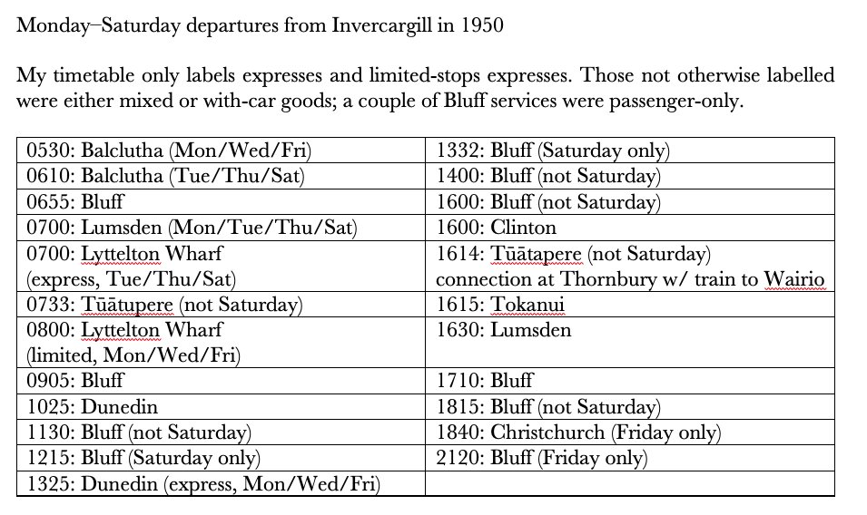 I did Monday–Friday for Greymouth as Saturday made it messy; few trains Sunday. Rest are Monday–Saturday. Here's another station once bustling: Invercargill in 1950.Since 2002? Nothing.Can't get over five trains to various Southland/Otago towns within half an hour, 4–4:30pm!