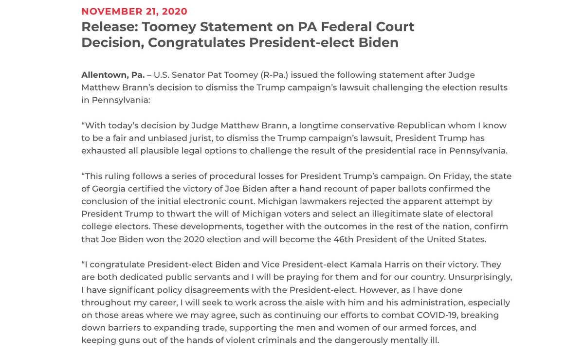 Andrew Solender (@AndrewSolender) on Twitter photo 2020-11-22 05:37:00 Pennsylvanias @PatToomey is the 5th Republican senator to congratulate Biden and Harris: “I congratulate President-elect Biden and Vice President-elect Kamala Harris on their victory. They are both dedicated public servants and I will be praying for them and for our country. Pennsylvanias @PatToomey is the 5th Republican senator to congratulate Biden and Harris: “I congratulate President-elect Biden and Vice President-elect Kamala Harris on their victory. They are both dedicated public servants and I will be praying for them and for our country.