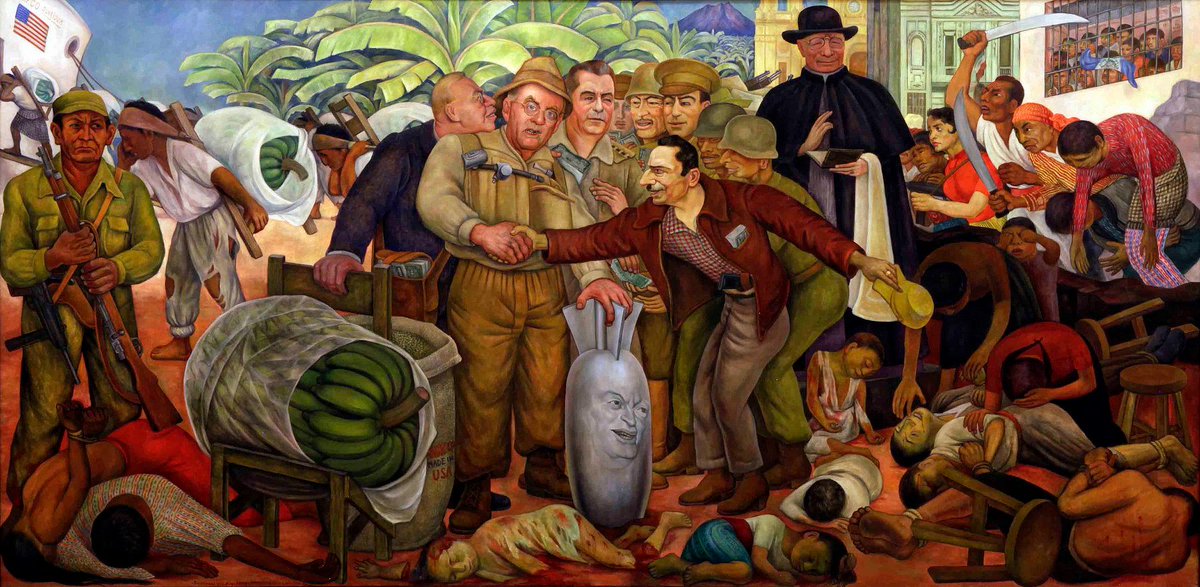 the communist painter diego rivera made this painting in commemoration of the fascist coup. castillo armas, the fascist coup leader, is depicted shaking hands with US secretary of state john dulles, with his CIA director brother behind him, as he holds a bomb w/ eisenhower's face