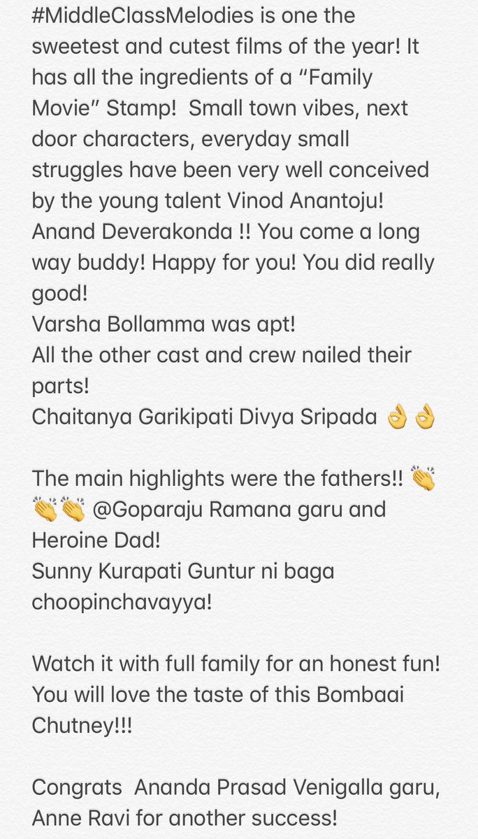 UrsSudhakarK's tweet photo. Congrats for the success and Thank you for a local Bombaai Chutney film! #Middleclassmemories @vinodanantoju  @ananddeverkonda @VarshaBollamma @BhavyaCreations @SunnyKurapati @SweekarAgasthi @TheDeverakonda 👌👌👌 https://t.co/rlrUp3FZyK