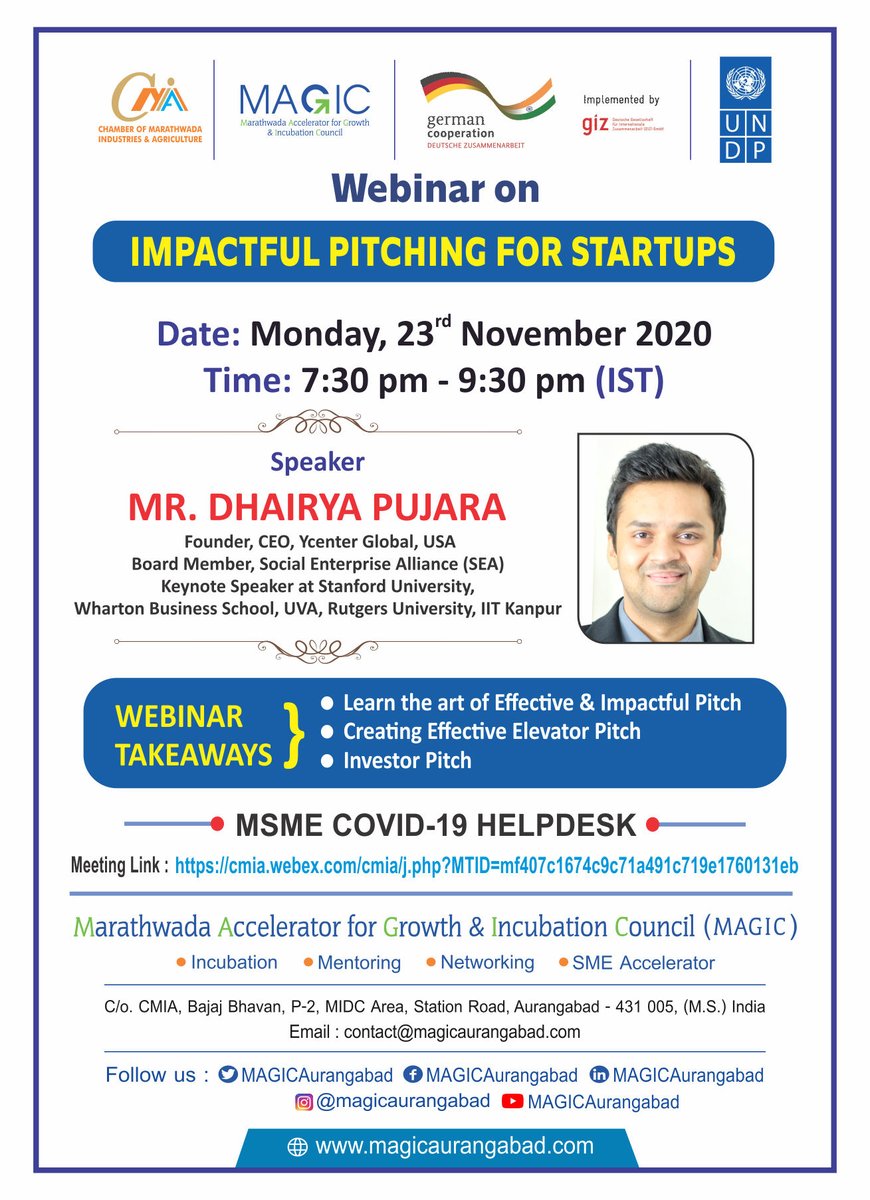 MAGICIncubation's tweet photo. Learn the art of creating an effective pitch deck to showcase your startup idea to the prospective investors, customers &amp; stakeholders MAGIC and @giz_india  invites you to join the webinar on Impactful Pitching for Startups by @dhairyapujara Register Now: https://t.co/BvZ3RAGQ4a https://t.co/IR49DRFfnL