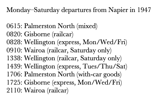 The towns above are from public timetables I scanned. Rest are from working timetables  @MAndrewWaugh kindly sent me. First up? Napier 1947. Today? Zero.Pics:Last tweet: Invercargill, undated (Muir & Moody),  @Te_Papa C.014841Here: Napier 1922, AP Godber,  @NLNZ APG-1248-1/2-G)