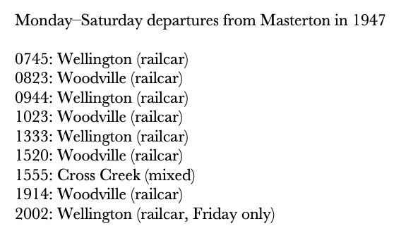 Let's check out Masterton in 1947. Wairarapa-class railcars ran almost all services. Today: 5–6 weekday trains to Wellington thanks to tunnel replacing Remutaka Incline, but none to Woodville. Pics:  @WaiArchive 17-152/1-65 (Summit), 13-32/1-80 (Masterton), 17-152/2-2 (on Incline)