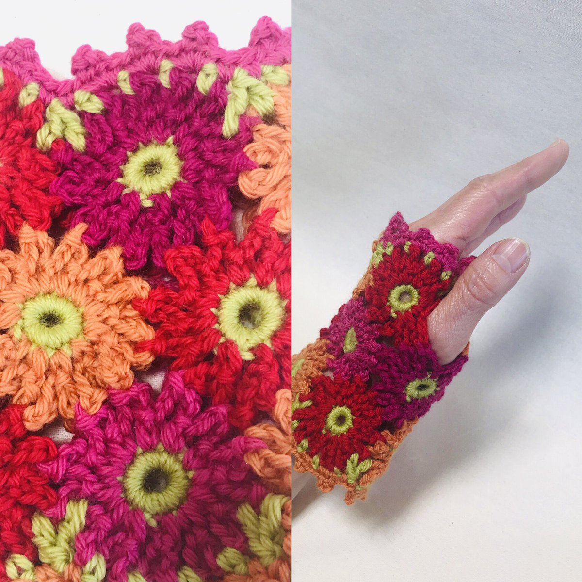 Kaoru S 花のモチーフのリストウォーマー モチーフの間から指を出しても使えます パピー毛糸のプリンセスアニーでかぎ針 編みです