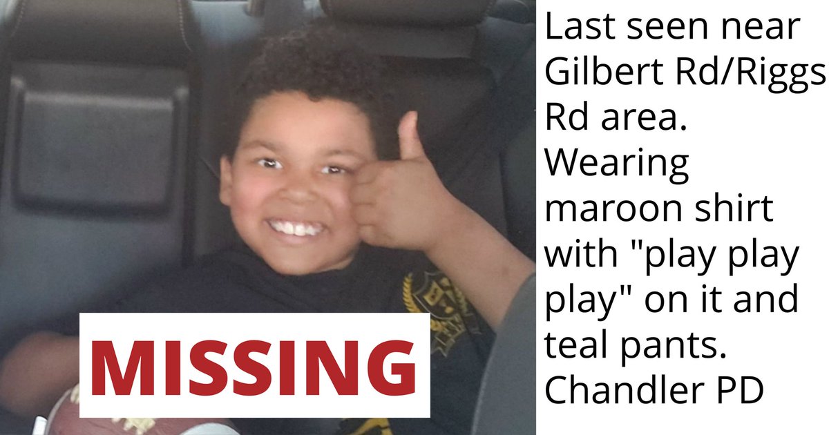 Chandler PD searching for missing juvenile, Andrew Greenfield. Last seen 3:30 pm Gilbert &amp; Riggs Rd's in Chandler.  He is 3'00" tall &amp; weighs 80 lbs . Suffers from bi-polar/ADHD/PTSD. Requires medication.  If located/seen, please contact CPD 480-782-413 or your local police.