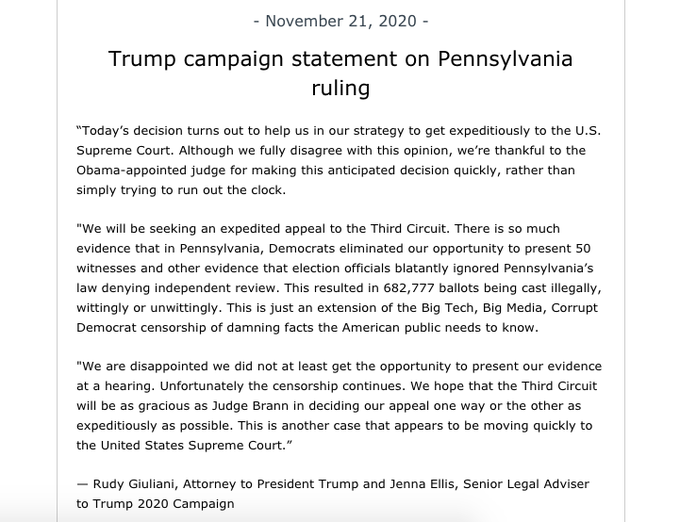 Andrew Feinberg on X: NEW: The @TeamTrump lawsuit against the PA Sec'y of  State — argued by Rudy Giuliani last week — has been DISMISSED WITH  PREJUDICE, meaning the campaign can't refile.