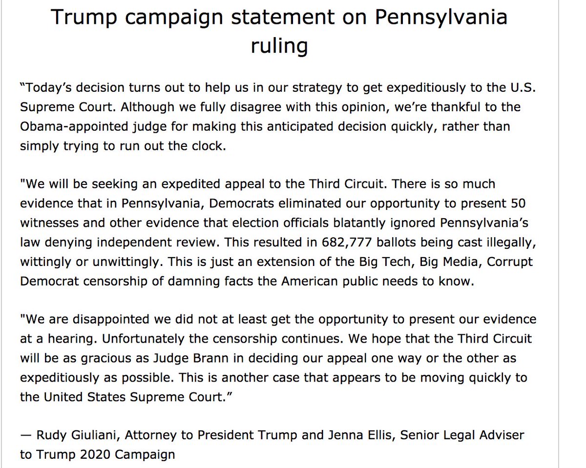 Bencjacobs's tweet photo. INBOX: Trump campaign statement on Pennsylvania ruling https://t.co/qpguJ8YUpx