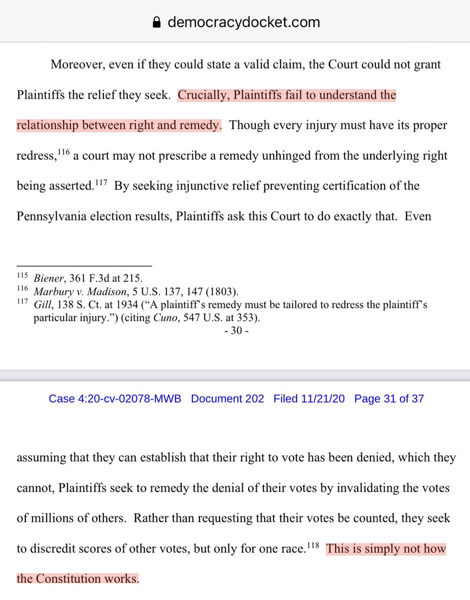 This opinion by Judge Matthew Brann, dismissing another Trump Campaign lawsuit in Pennsylvania, is very well-writtenI'd encourage everyone to read it; it explains some of the key laws and precedents quite wellVia  @marceelias /  @DemocracyDocket: https://www.democracydocket.com/wp-content/uploads/sites/45/2020/11/Order-Granting-MTD.pdf