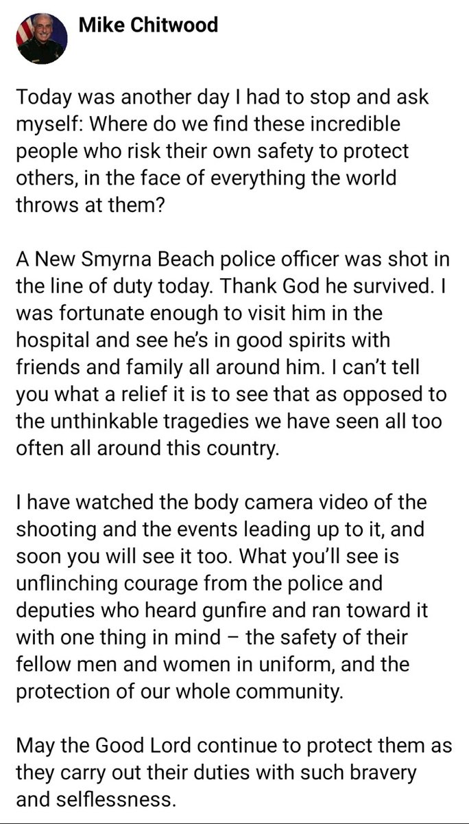 SheriffChitwood's tweet photo. Thinking about today's shooting of a @NSBPolice officer, the bravery displayed on that call, and the gun violence our deputies &amp; police are risking their lives to address. @VolusiaSheriff @DaytonaBchPD. Chief Coffin &amp; I will hold a news conference 11am tomorrow at NSBPD. https://t.co/VOUDVdLWux