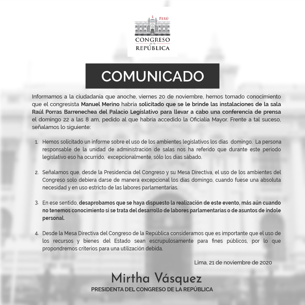 martinhidalgo's tweet photo. #AlertaLegislativa: #ManuelMerino buscaba dar una conferencia mañana domingo con aval de sus ex funcionarios que aún se mantienen en sus cargos. La actual presidenta, Mirtha Vásquez, detectó la movida y emite un comunicado desaprobando la conferencia. https://t.co/nIwSepcRM4