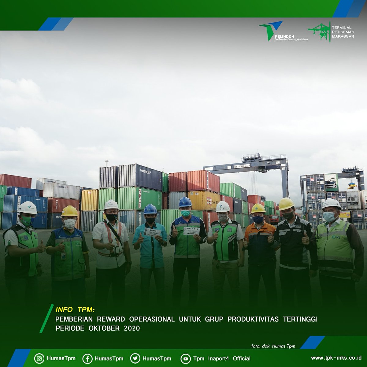 TpmHumas's tweet photo. #INFOTPM
Penyerahan Reward untuk Group Operasional Produktifitas tertinggi di bulan Oktober 2020.

- Peringkat 1 Group A : Mustami, Andi Baso Rahim, &amp; Saidiman
- Peringkat 2 Group B : Rifai, Ridwan, &amp; Isnaeni

#HumasTPM
#Reward
#Operasional
#ContainerPort
#TPM
#PelindoIV https://t.co/bARwVDZwYt