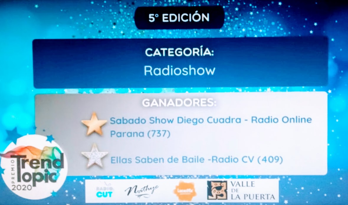radionlineparan's tweet image. 🔴𝗙𝗘𝗟𝗜𝗖𝗜𝗧𝗔𝗖𝗜𝗢𝗡𝗘𝗦 !!!!  Sábado Show con Diego Cuadra
👏👏5° 𝑃𝑅𝐸𝑀𝐼𝑂𝑆 𝑇𝑅𝐸𝑁𝐷 𝑇𝑂𝑃𝐼𝐶 2020
✅Vamos Entre Ríos !!!!! 
#PremiosTrendTopic #LaFiestadelasRadiosOnline #FAP #FestivalArgentinodePodcast #TernadosTT #PremiosTT #NocheTT #radialistas