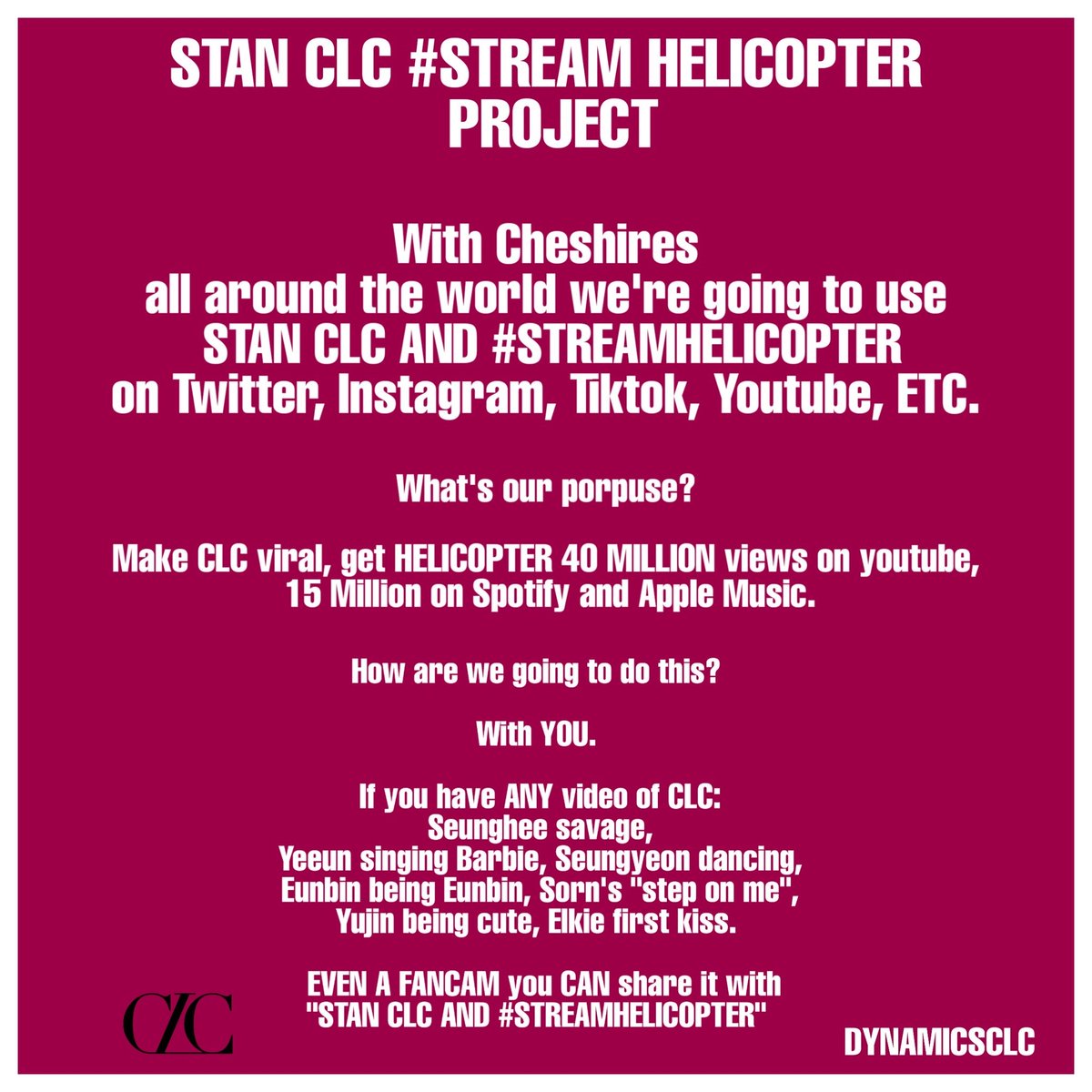 StreamsForCLC's tweet photo. 🚨IMPORTANT🚨

Tomorrow is Helicopter’s 3 month anniversary! Join us in streaming Helicopter on all platforms tomorrow as a part of @dynamicsCLC project! 

We will be providing playlists for Spotify, Youtube, and Apple Music! 

More info below
#StreamHelicopter #StanCLC @CUBECLC https://t.co/8DOx8pCLOS