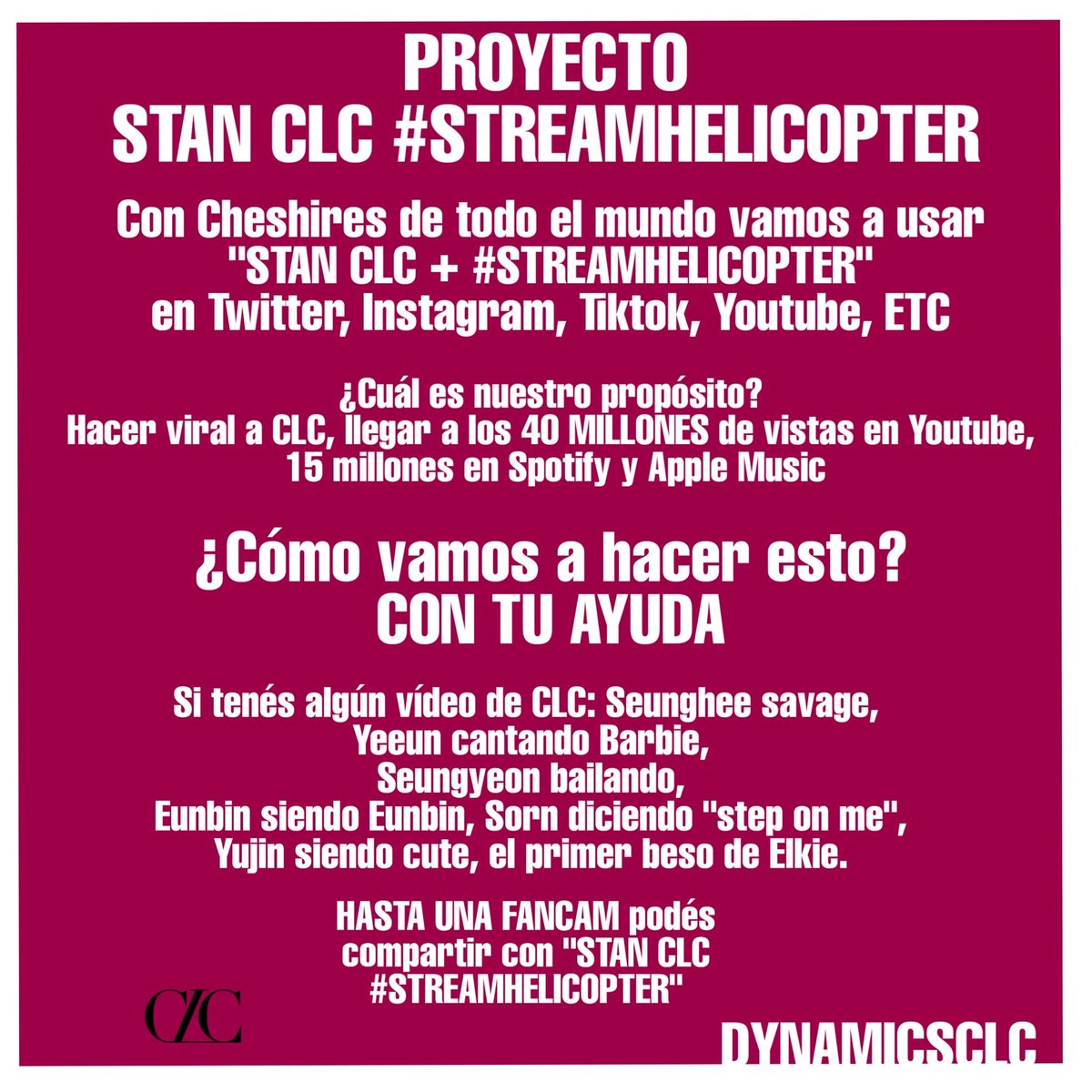 StreamsForCLC's tweet photo. 🚨IMPORTANT🚨

Tomorrow is Helicopter’s 3 month anniversary! Join us in streaming Helicopter on all platforms tomorrow as a part of @dynamicsCLC project! 

We will be providing playlists for Spotify, Youtube, and Apple Music! 

More info below
#StreamHelicopter #StanCLC @CUBECLC https://t.co/8DOx8pCLOS