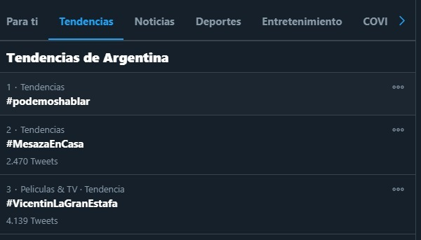 EstafaVicentin's tweet photo. Estamos terceros en Tendencias de Argentina. Sigamos con el #VicentinLaGranEstafa https://t.co/dF0ydQx4QK