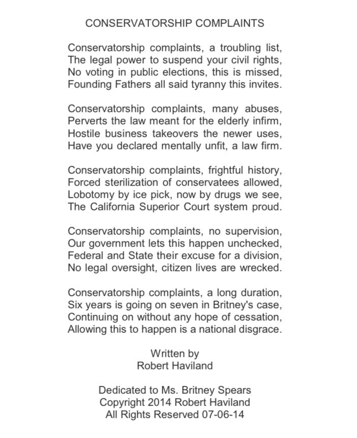 Many of Robert’s poems would try to simply explain what a conservatorship is and how Britney’s civil rights were being violated.  #FreeBritney