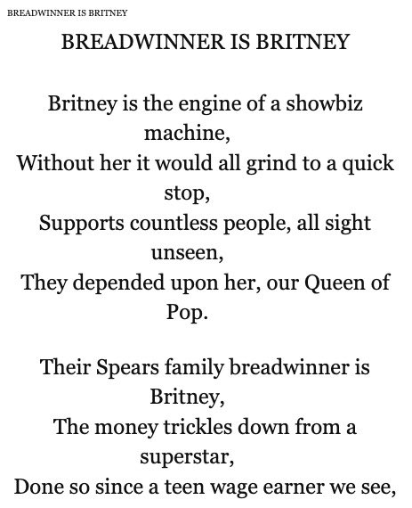 The book includes a poem called “Breadwinner is Britney”  #FreeBritney