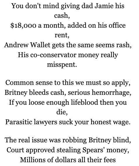 And one of the more memorable poems entitled “Robbing Britney Blind”  #FreeBritney