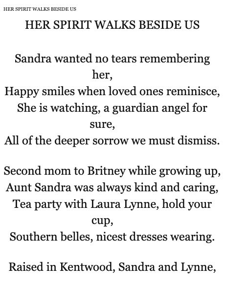 Another poem entitled “Her Spirit Walks Beside Us” is a tribute to Britney’s aunt Sandra.  #FreeBritney