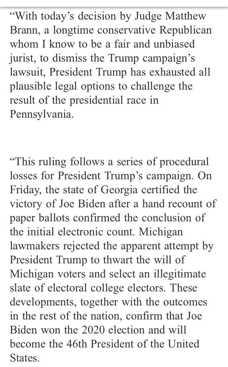 The ruling prompted Sen. Pat Toomey to become one of only four GOP Senators now to unequivocally acknowledge Biden as the winner. He described the judge as "a longtime conservative Republican" and "a fair and unbiased jurist."