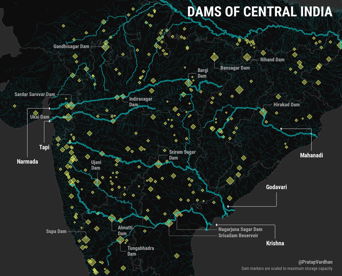 Dams of Central India: A look at how dams are built around some of the major rivers of India. #30DayMapChallenge Day 21: WaterMade with  @Matplotlib Data: GRanD,  #OpenStreetMap  #python  #dataviz