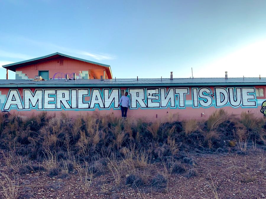 douglasmilesart's tweet image. I painted at #GraymountainAZ for the #PaintedDesertProject curated by @jetsonorama. here’s one of the pieces I collaborated on #AmericanRentIsDue American Memo #1 #StreetArt #MuralArt