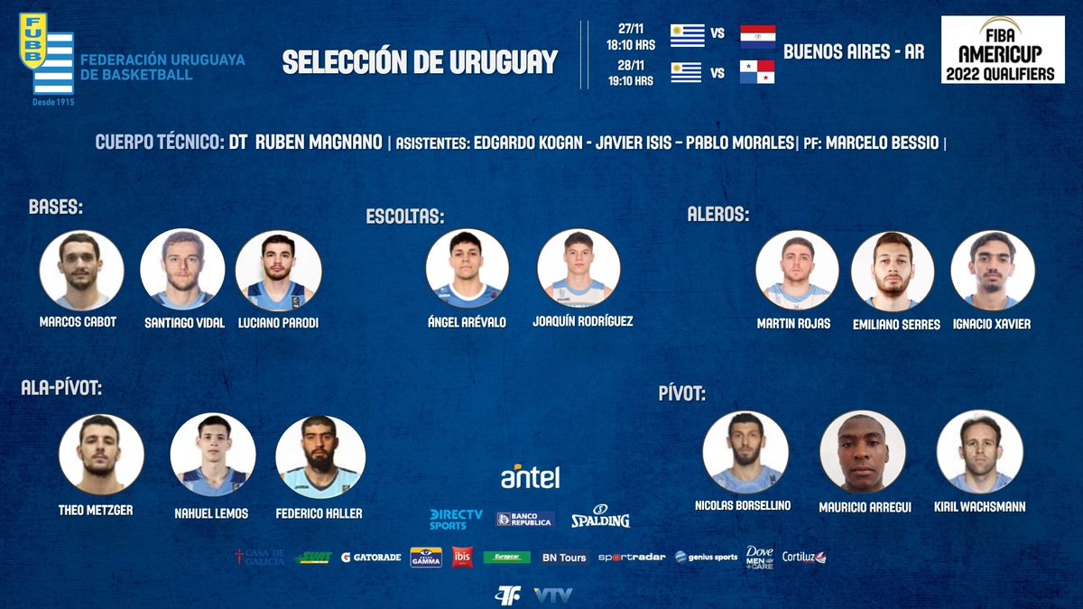 FUBB - Selección Uruguaya (@fubbuy) on Twitter photo Lista de la Selección de Uruguay para la FIBA <a href="/AmeriCup/">FIBA AmeriCup</a> que se jugará en Buenos Aires el próximo viernes 27 (18.10 hs.) vs Paraguay y sábado 28 de Noviembre (19.10 hs.) vs Panamá con partidos televisados por <a href="/DIRECTVSports/">Claudia Antunes Gomes</a> 👇🏀 Lista de la Selección de Uruguay para la FIBA <a href="/AmeriCup/">FIBA AmeriCup</a> que se jugará en Buenos Aires el próximo viernes 27 (18.10 hs.) vs Paraguay y sábado 28 de Noviembre (19.10 hs.) vs Panamá con partidos televisados por <a href="/DIRECTVSports/">Claudia Antunes Gomes</a> 👇🏀