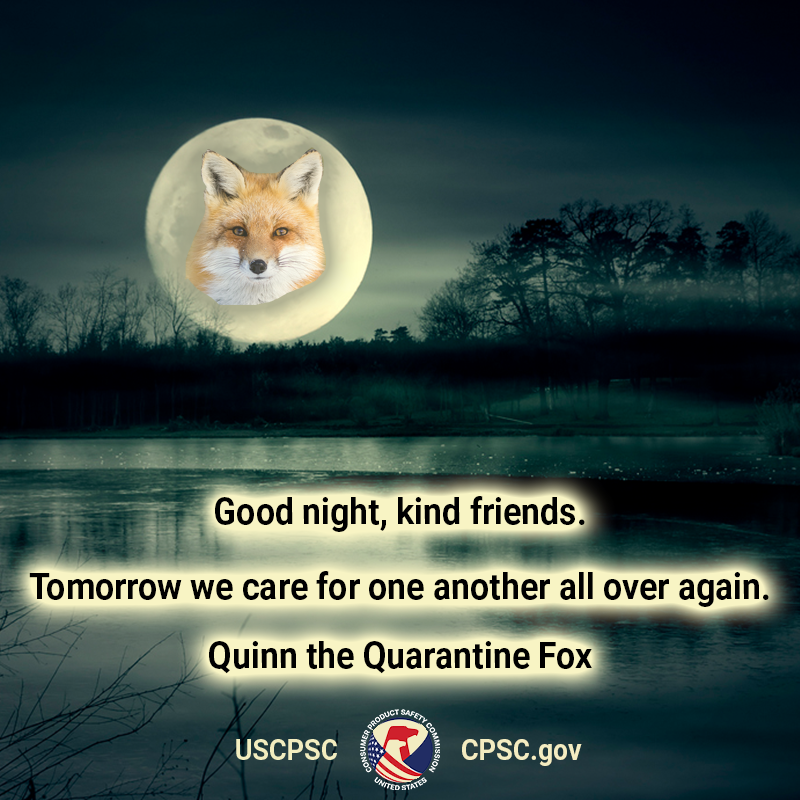 A fox in the moon over a marsh. The text reads: good night, kind friends. Tomorrow we care for one another all over again. Quinn the Quarantine Fox.