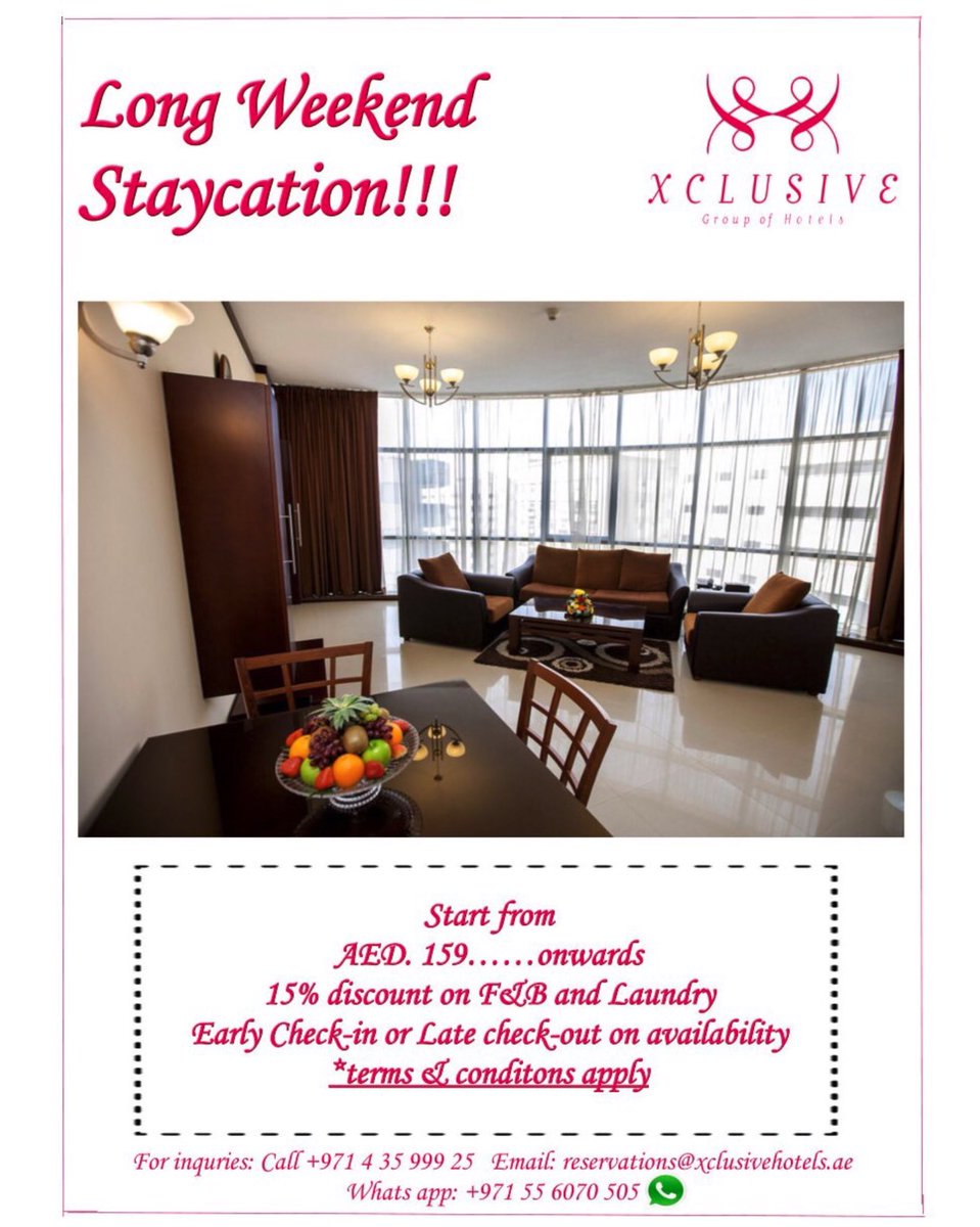 Xclusivehotel's tweet image. Have you booked yourself for the long weekend yet?

We have you covered!
Grab on to our National Day Offer!

Book now ☎️+971 4 35 999 25
Email 📧 reservations@xclusivehotels.ae
💬+971 55 6070 505

#nationaldayoffer #longweekendoffer #xclusivegroupofhotels #servicedapartments