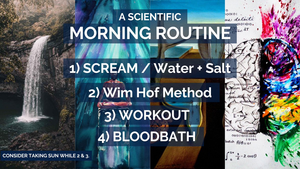 So, your routine:1. Water + Salt / scream2. Wim Hof METHOD3. Excercise (optional)4. BLOODBATHS Consider taking sun during 2 and/or 3.