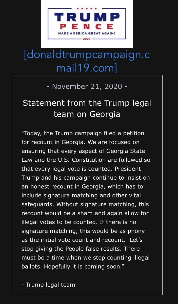 myhlee's tweet photo. As expected, the Trump campaign has requested a recount of the recounted election results in Georgia. Now election officials must rescan the 5 million hand-recounted, audited, legal ballots. The signature matching process has already taken place. https://t.co/qgOUZceDLi