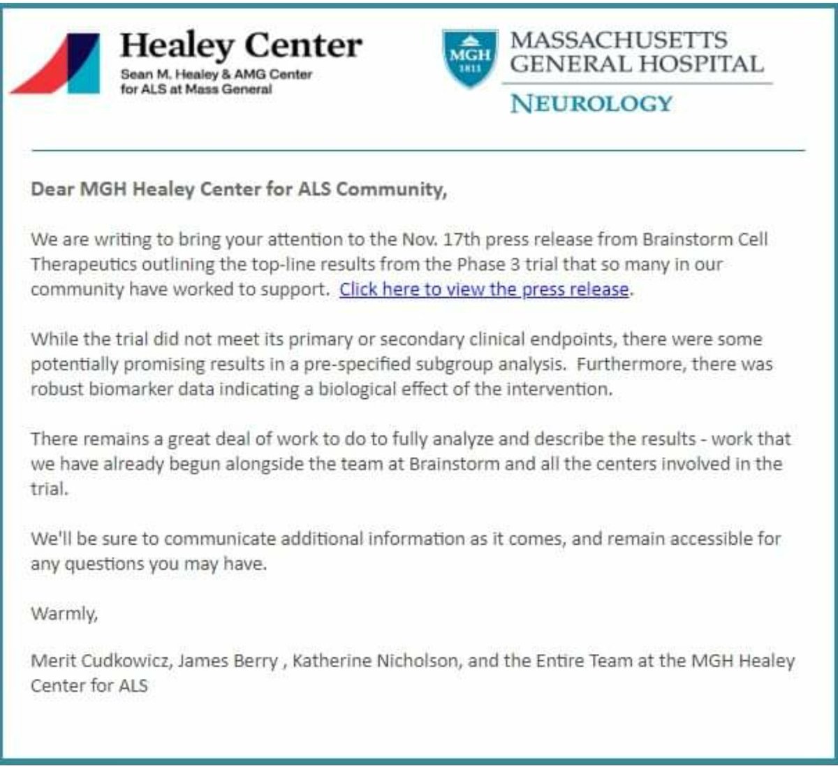 The Ph. 3 trial may not have met a clinical endpoint but there WILL be a reason. NurOwn didn't "flunk" for ALS, it works best for patients with >-35 ALSFRS. PALS will wait for final biomarker data and SUPPORT NUROWN until the data says not to <a href="/alsassociation/">The ALS Association</a> #ALS #ALSdatahomerun