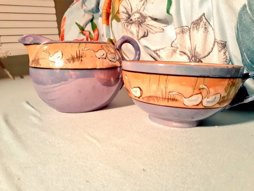 handpainted lusterware creamer cup and teacup, 1940s