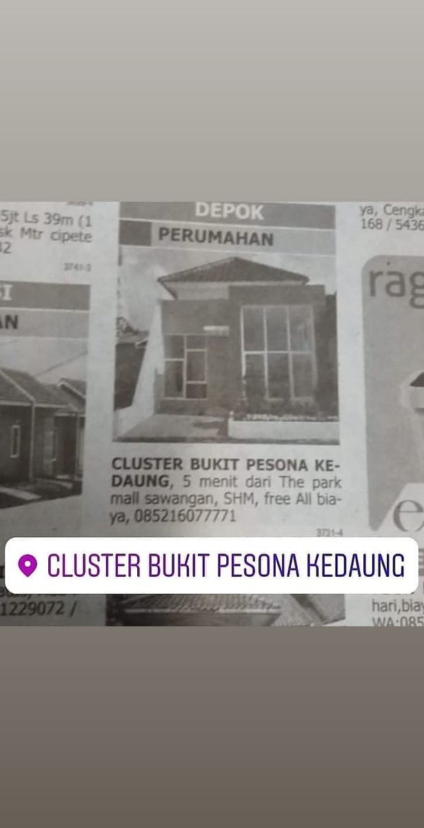CLUSTER MEWAH 5 menit dari 
👉THE PARK MALL SAWANGAN
➡Jl.Jambu,gang mangga RT.04/05 
Kel.Kedaung,Kec.Sawangan
Kota Depok 16516

😍BANYAK PROMO MENARIK😘
SERTIFIKAT SHM
wa.me/c/6285216077771