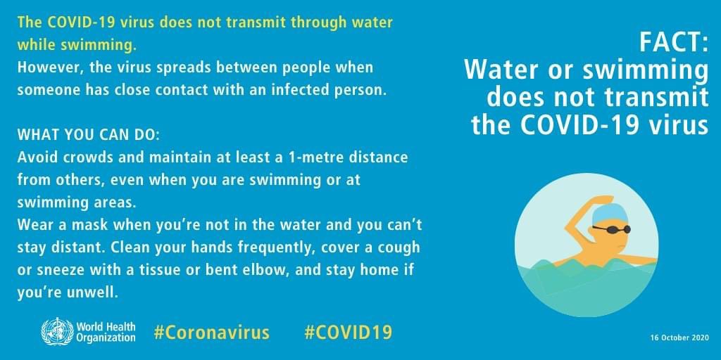 CAN_SwimCoaches's tweet photo. FACT from WHO: Water or swimming does not transmit the COVID-19 virus  @SwimmingCanada @JohnA06851440 https://t.co/EF8w6UVDez