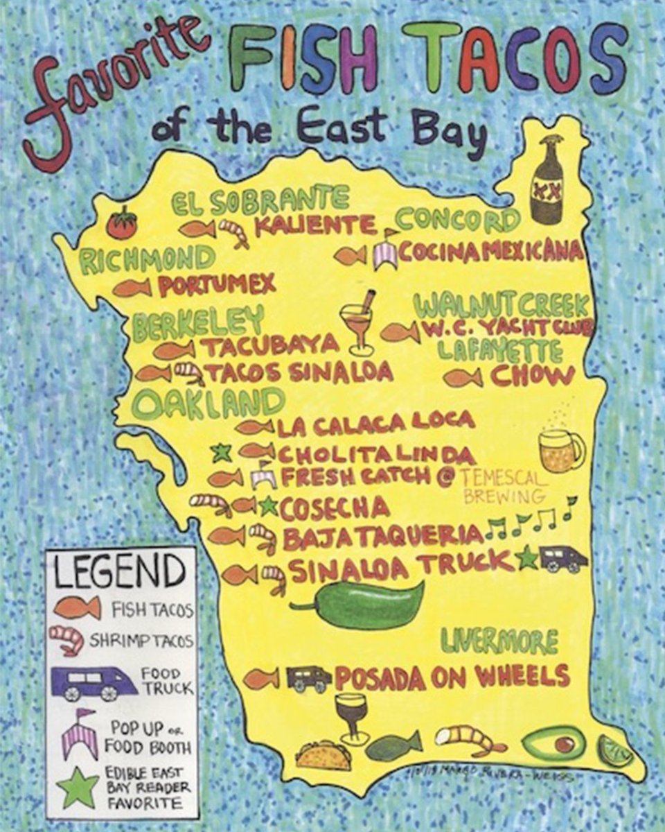 Margo Rivera Weiss's  map depicts the people and places that shape Oakland's food culture. This made for @edibleeastbay  is an accumulation of crowd-sourcing suggestions from Weiss's friends, showing where to get fish tacos.
Check out more of You Are Here:bit.ly/38ZeV8C