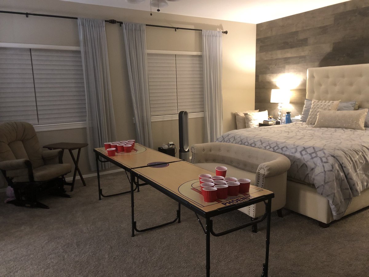_notjustamom's tweet photo. What to do on Date Night when you’re in quarantine?? Put the kids to bed and play beer pong in your bedroom 🍺🍺🍺 (yes that is a baby monitor on the nightstand) #relationshipgoals #funnymom #parentinginapandemic #parentinghumor #momlife #marriedcouple https://t.co/Lq9uSPBQmo